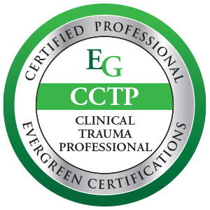 Certification seal for Clinical Trauma Professional (CCTP) from Evergreen Certifications, featuring green and silver colors.
