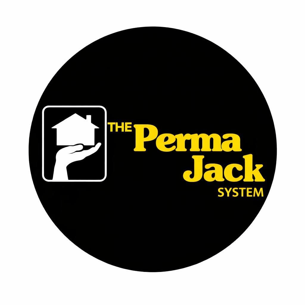 The PermaJack System logo featuring yellow text and a graphic icon of a hand holding a house inside a rounded square.