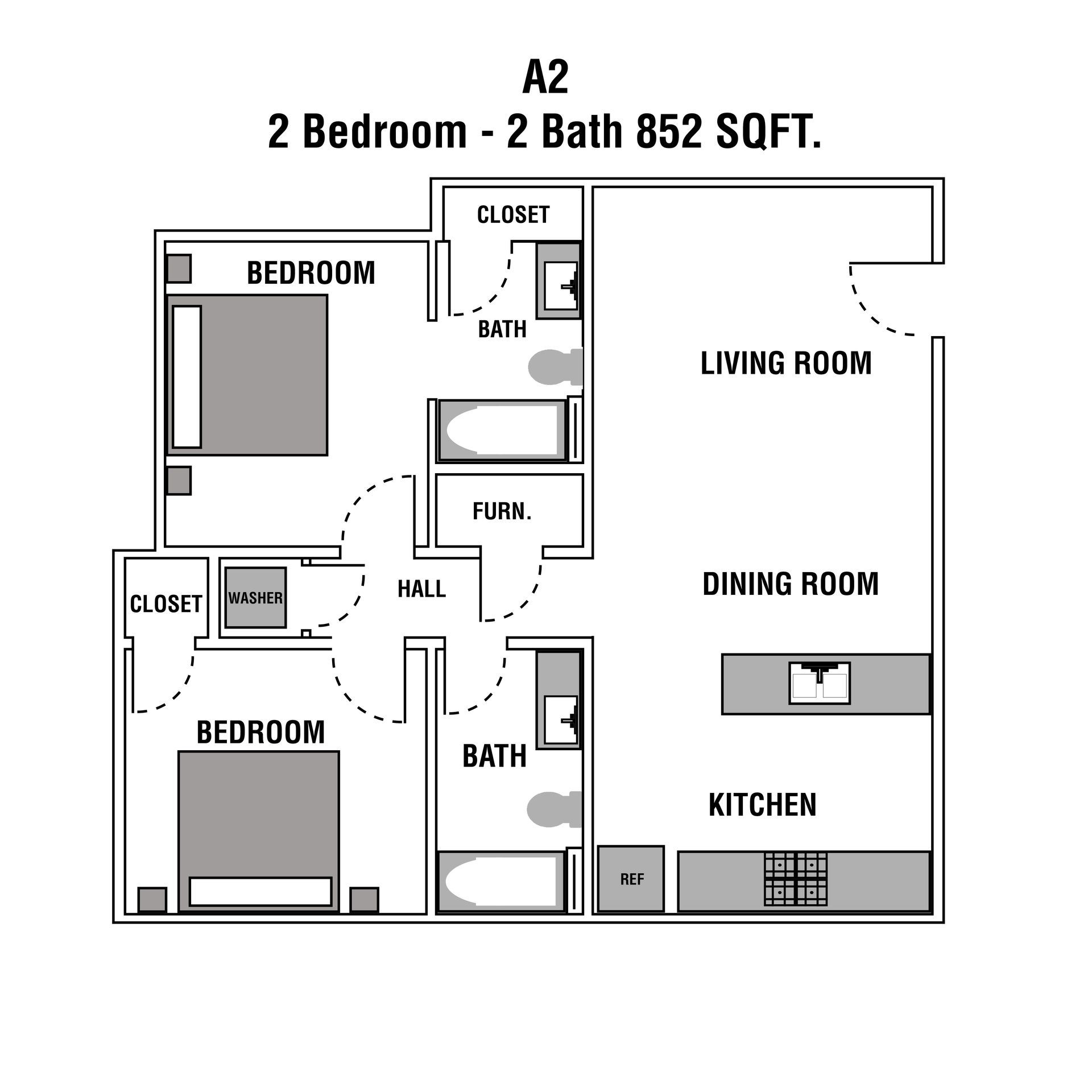 2 Bed | 2 Bath | 852 SQFT.
