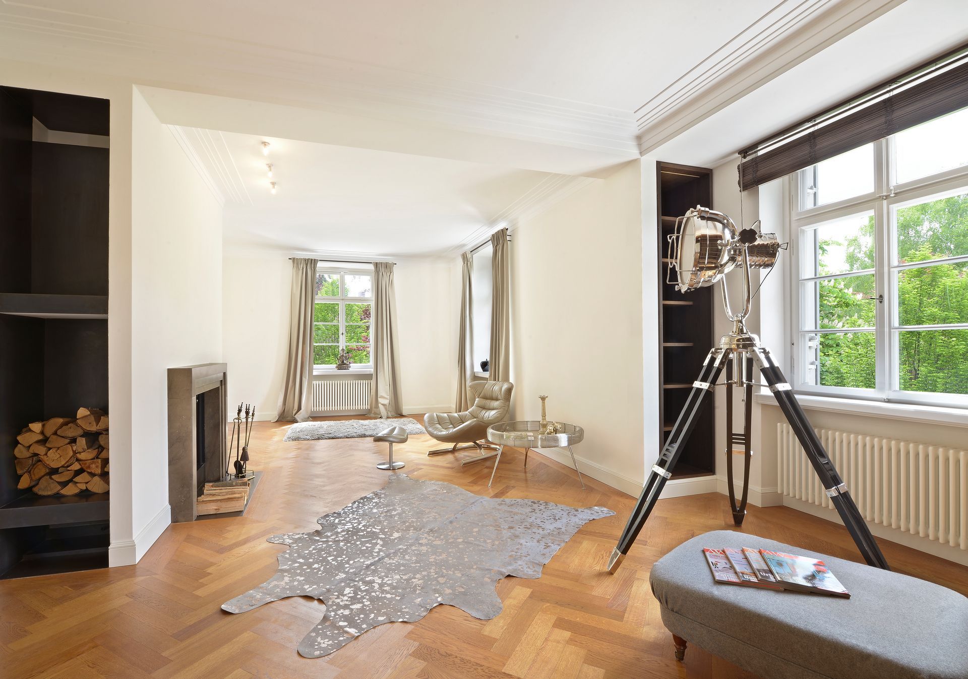 Living room with fireplace, cowhide rug, large windows, and a decorative camera on a tripod.