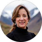 Woman smiling in a black turtleneck against a blurred mountain background