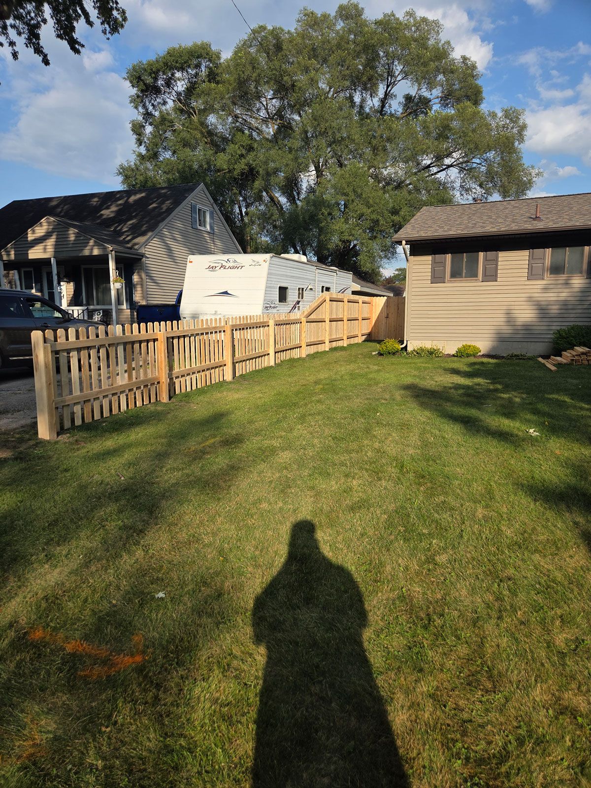 A shadow on green grass in front of a wooden fence, buildings, and a large tree under a blue sky.