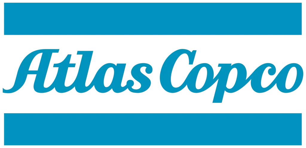 Atlas Copco logo in blue script between two blue horizontal bars