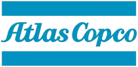 Atlas Copco logo in blue script between two teal horizontal bars