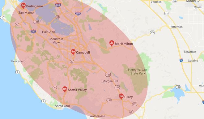 Google map screenshot with red location pins and a large pink highlighted area over a coastal region