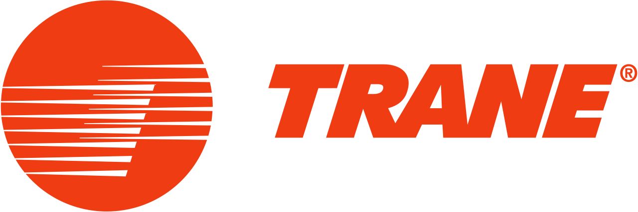 Trane logo in orange with a circular striped emblem and italic wordmark on white background