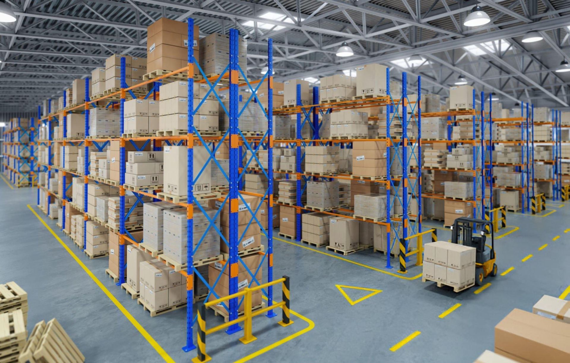 Warehouse shelves with cardboard boxes and clear fire lane striping services for safety compliance.