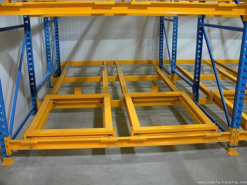 Storage Materials — Blue and Yellow Push Back Pallet Rack in Grand Prairie, TX