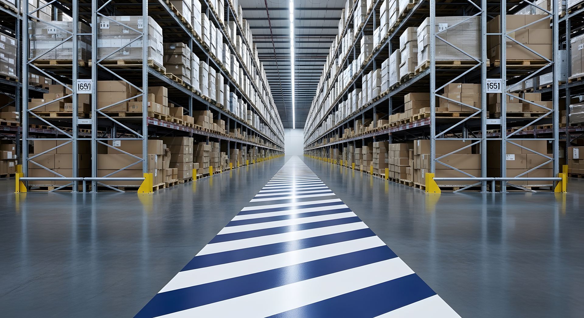 Warehouse aisle with blue-and-white striped floor markings between tall racks stacked with boxes.