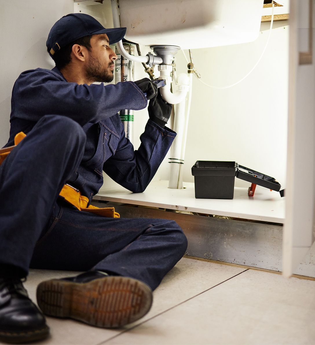 A plumber is kneeling on the floor fixing a sink
