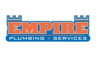 Empire Plumbing Services logo: orange text over blue, castle illustration.