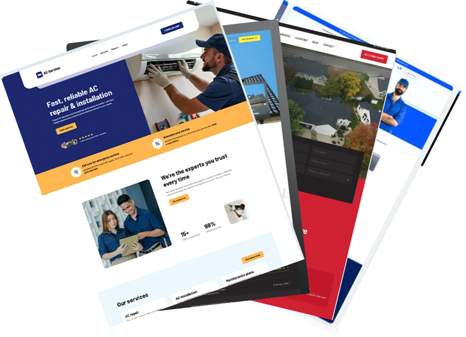 Laptop, phone, and tablet displaying websites with logos and content.