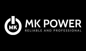 Logo for MK Power, a company, with a power button icon. Text reads: "MK POWER Reliable and Professional".