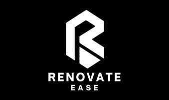 White logo on black background; stylized letter "R" in a hexagonal outline; "RENOVATE EASE" text.