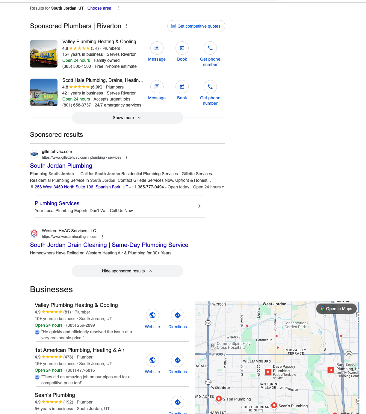 Search results for plumbers, with sponsored and organic listings, plus a map.