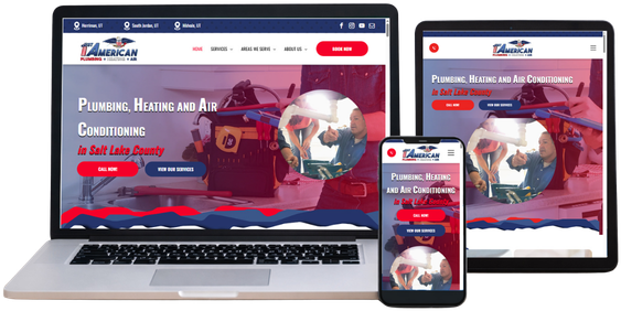 Website displayed on laptop, tablet, and phone screens showcasing plumbing and HVAC services.