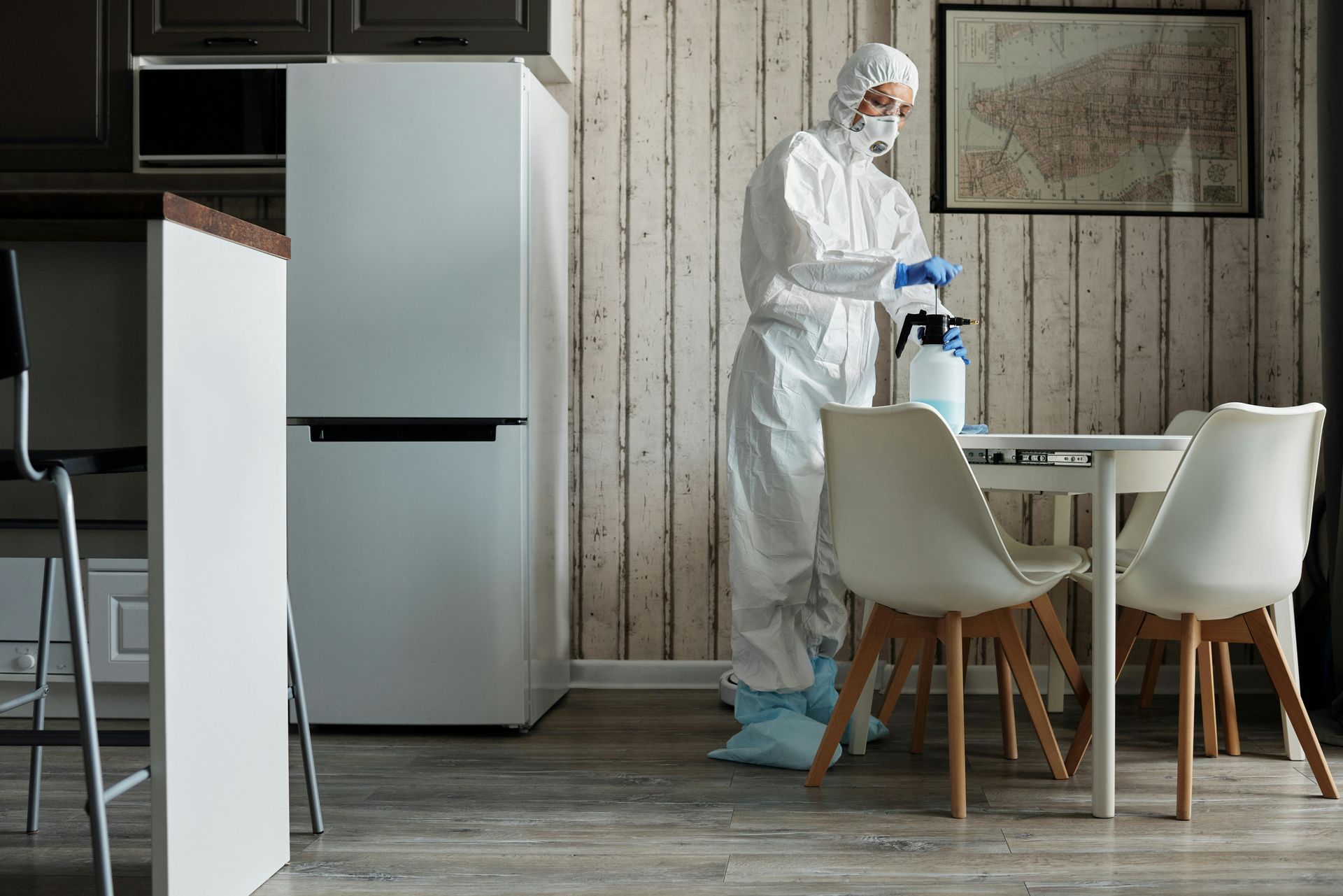 A woman wearing black gloves is cleaning a wooden table.