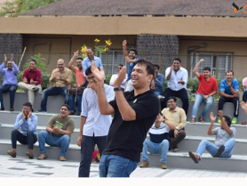 Outdoor team-building activity where Manish Gupta records highlights of the entrepreneurship development programme.