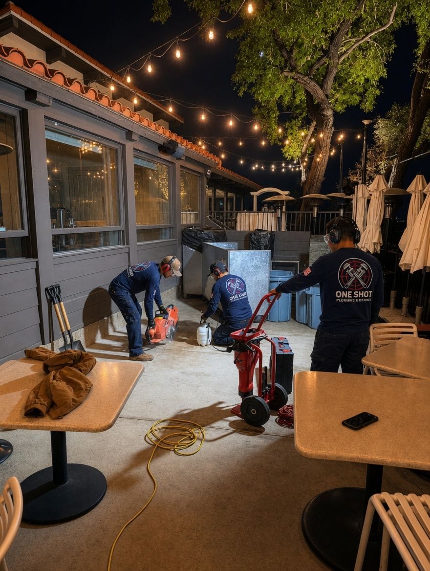 Workers cleaning an outdoor patio at night under string lights, with equipment and hoses on the ground