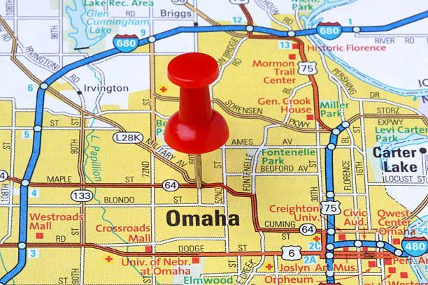 A map of omaha with a red pin on it