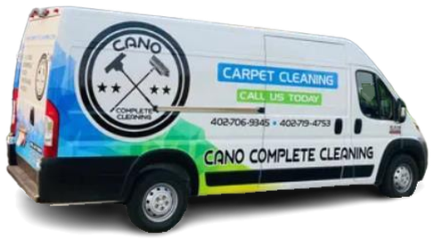 A cano complete cleaning van is parked on a white background.