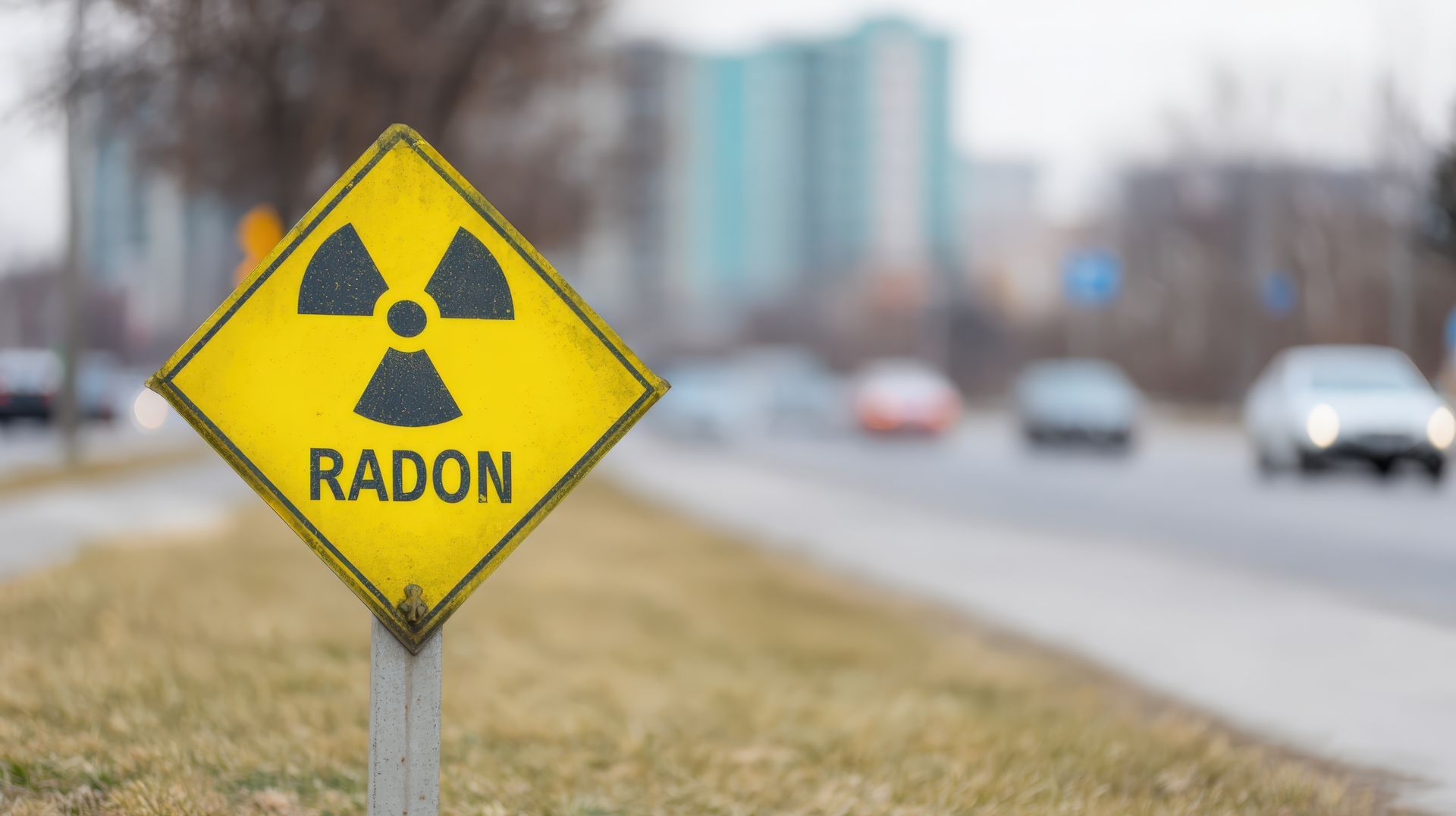 Yellow radon warning sign beside a roadside with blurred cars in background.