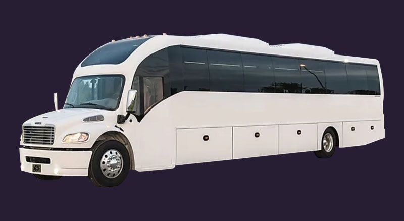 A white bus is parked on a purple background.