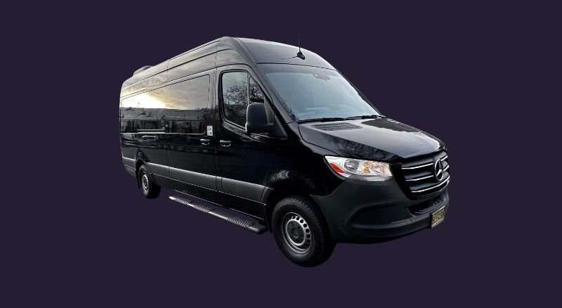 A black van is parked on a purple background.