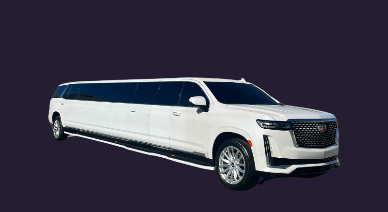 A white limousine is parked on a purple background.