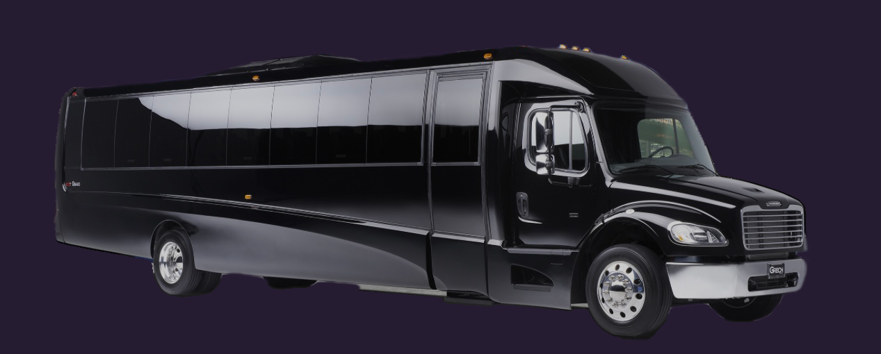 A black bus is sitting on a purple background.