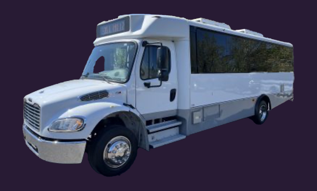 A white bus is parked on a purple background.