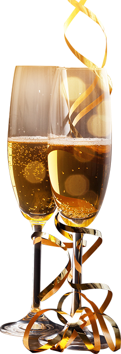 Two glasses of champagne with gold ribbons around them on a white background.