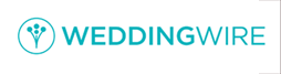 The logo for weddingwire is blue and has a flower in the middle.