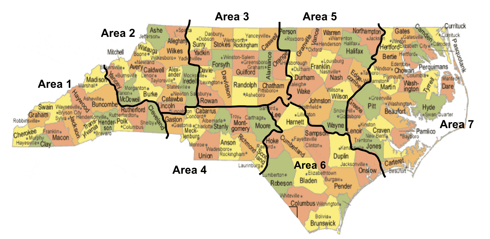 Map of areas in North Carolina