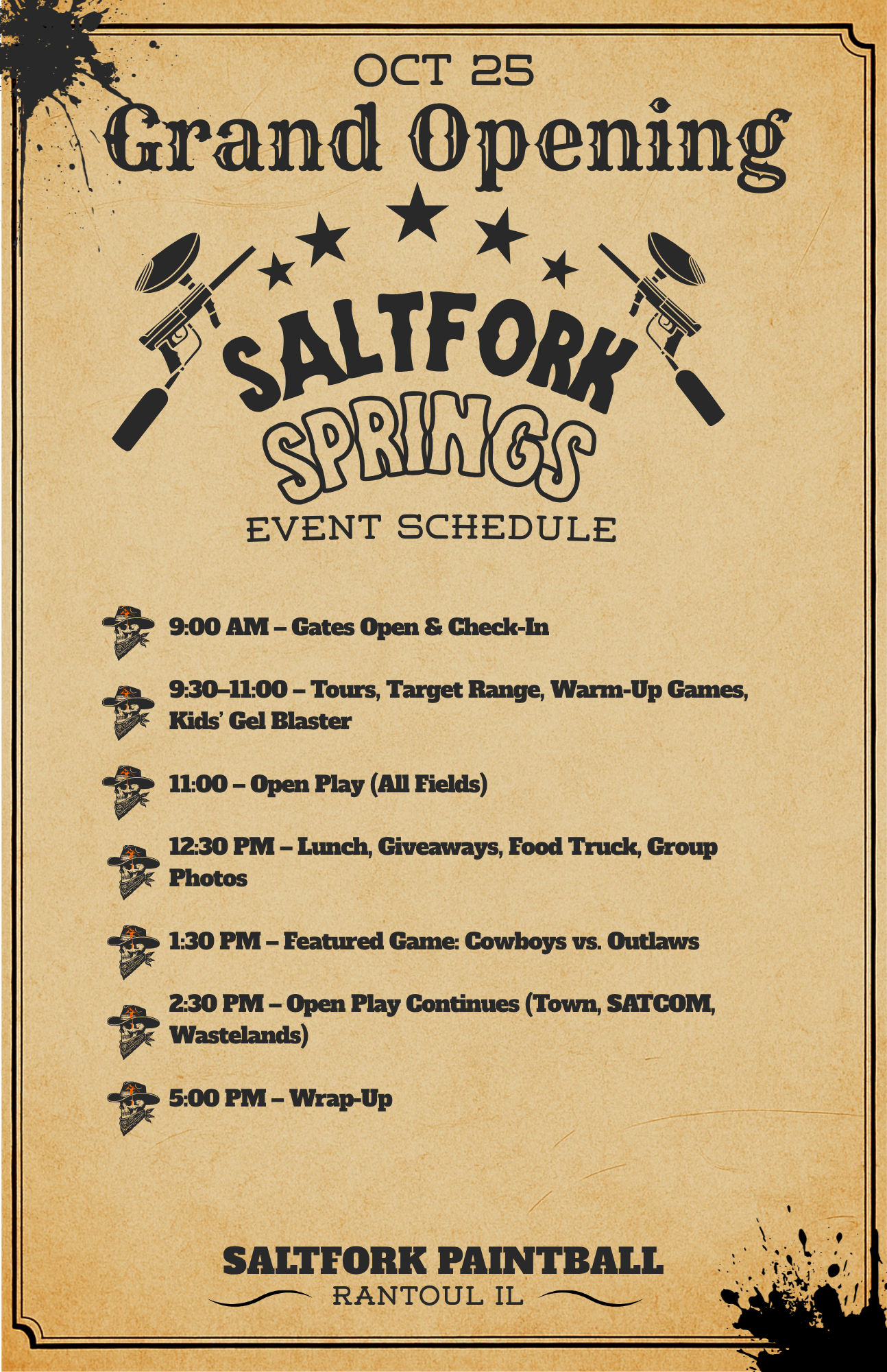 Poster for Saltfork Springs paintball grand opening in Rantoul, IL, with event schedule, featuring games and activities.