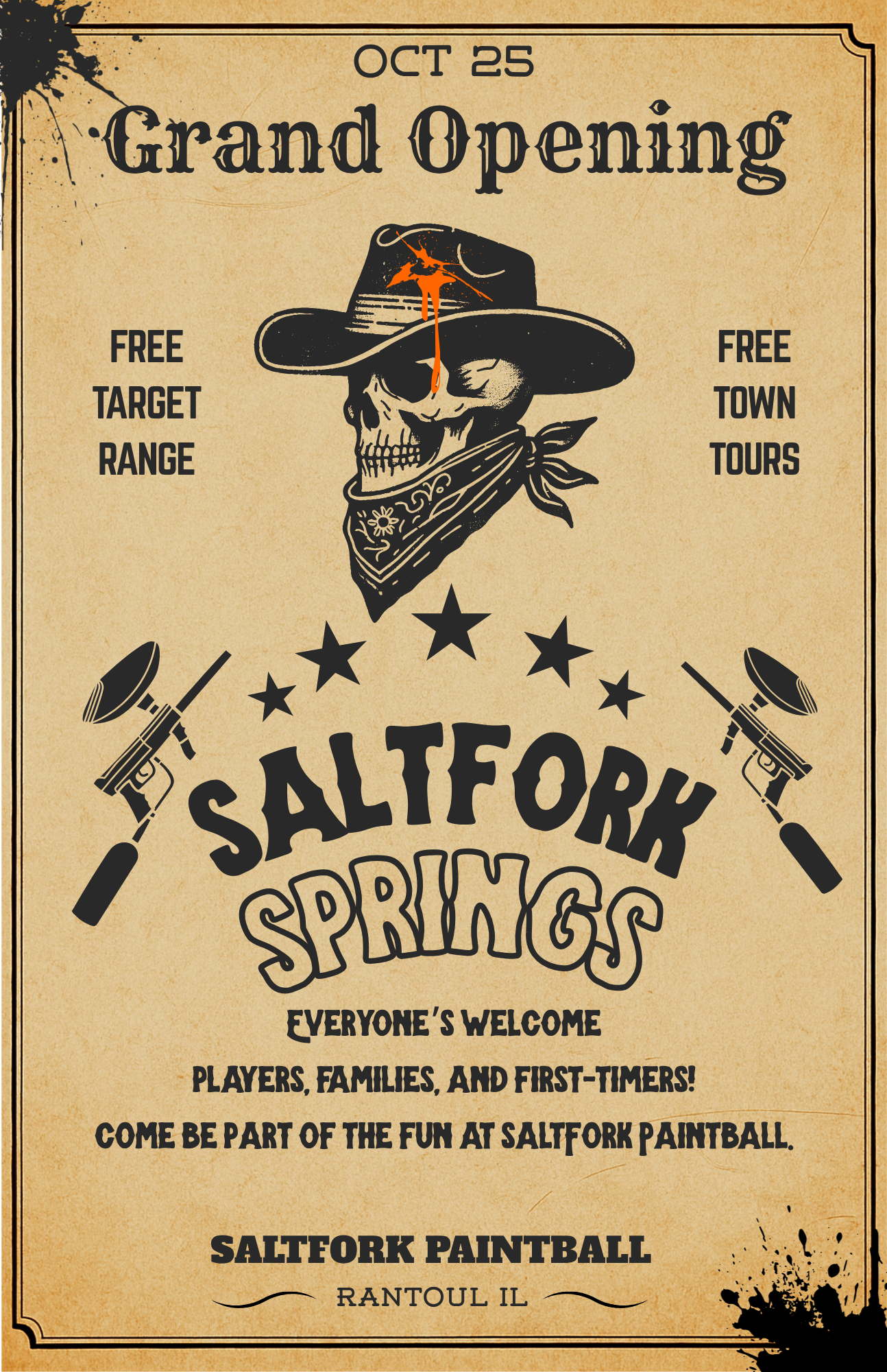 Grand opening announcement for Saltfork Springs paintball in Rantoul, IL, featuring skull wearing a cowboy hat and holding paintball guns.