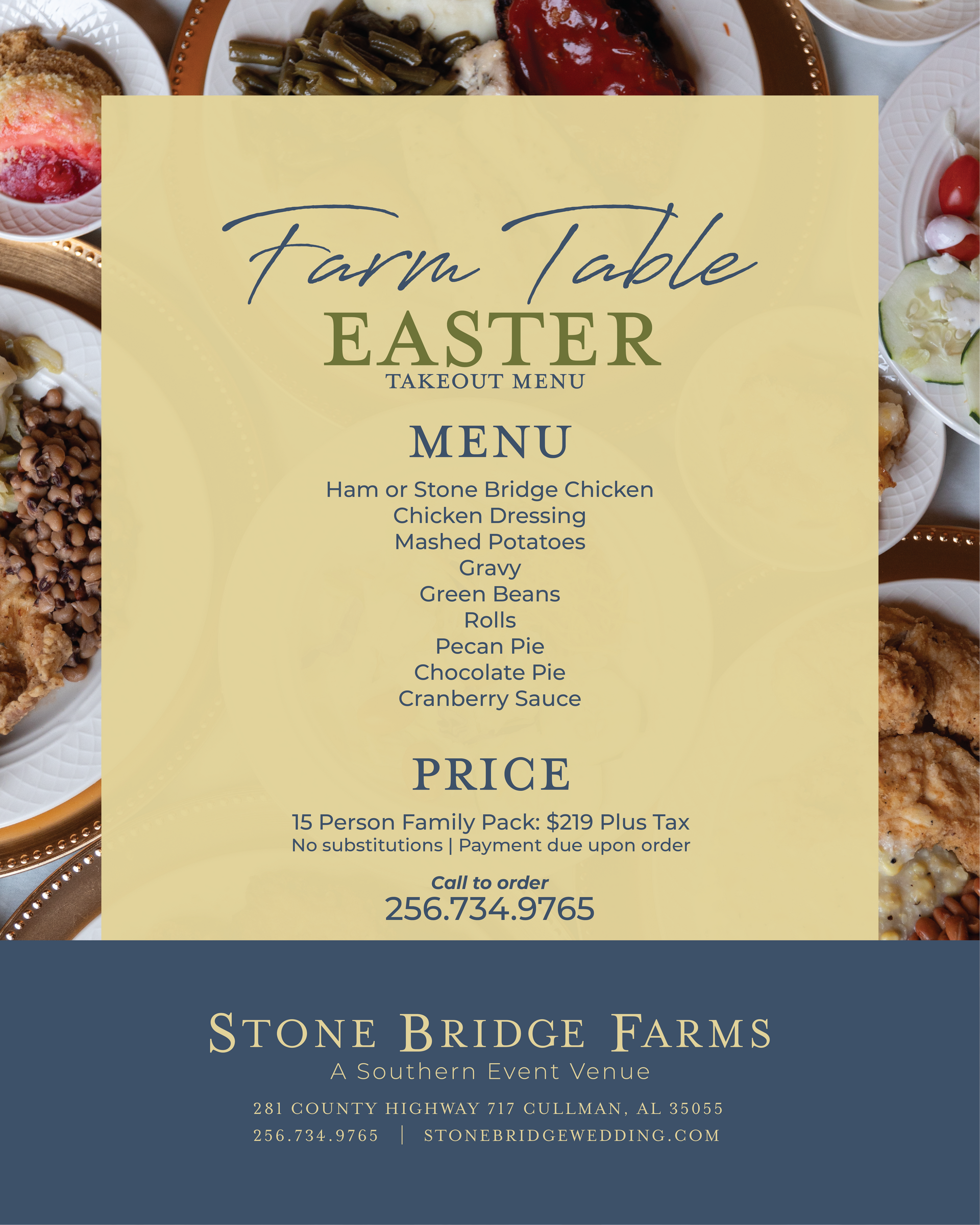 Farm Table menu: meats, sides, & more; orange logo with