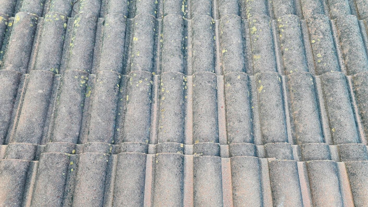 A close up of a concrete tile roof.