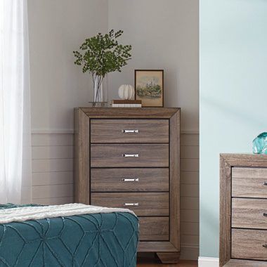 Kauffman Five Drawer Chest Washed Taupe — Medford, OR — Beds For Less