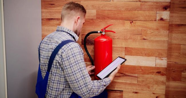 Un technicien inspecte un extincteur mural et vérifie ses paramètres à l'aide d'une tablette.
