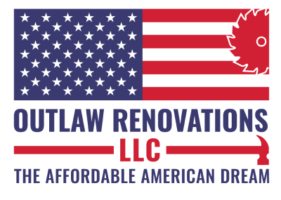 Outlaw Renovations LLC logo with American flag, red and blue text, and tagline &ldquo;The Affordable American Dream&rdquo;