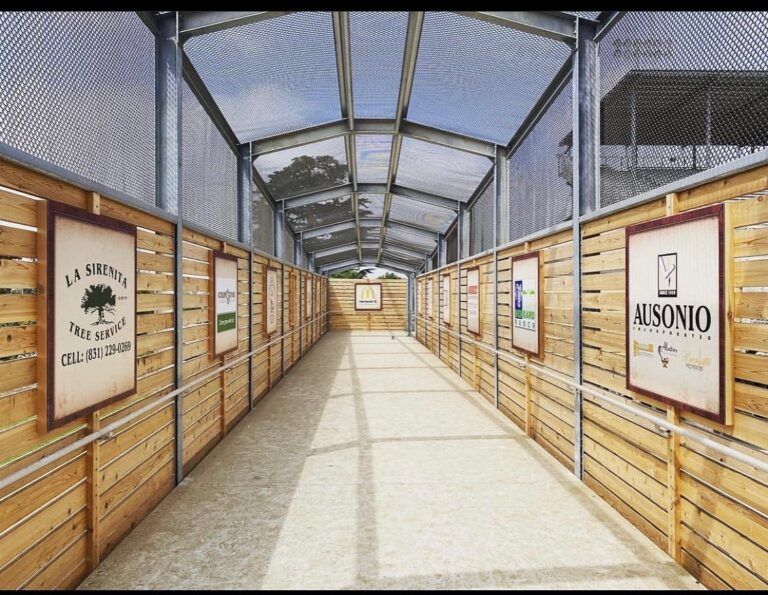 Wooden walkway with framed signs on the sides, covered by a metal and wire mesh roof.