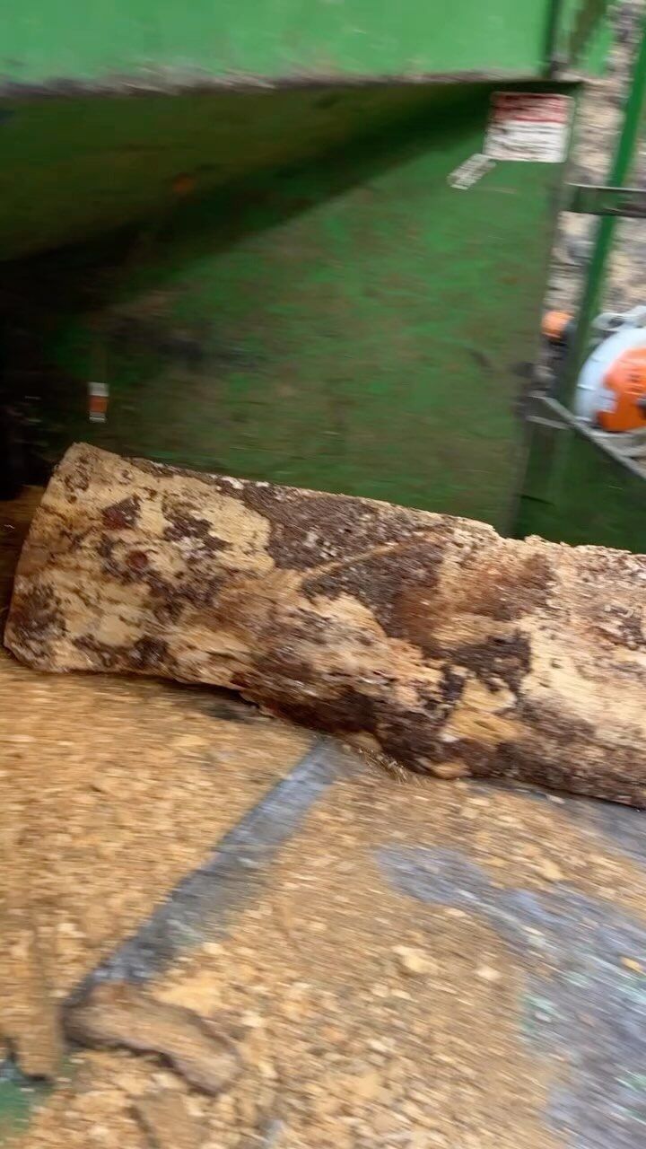 Log being processed by a wood chipper, covered in brown bark and next to green machinery.