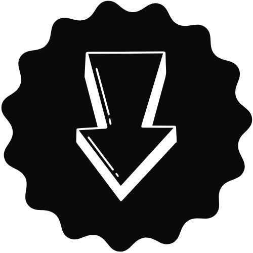 Schwarzes Abzeichen mit einem weißen, nach unten zeigenden 3D-Pfeil.