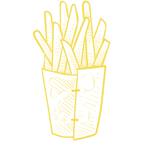 Gelbe Skizze von Pommes Frites in einem Papierbehälter.