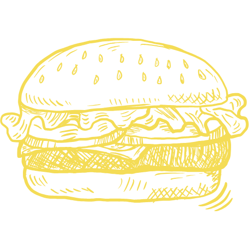 Gelbe Skizze eines Hamburgers mit Brötchen, Salat, Patty und unterem Brötchen.