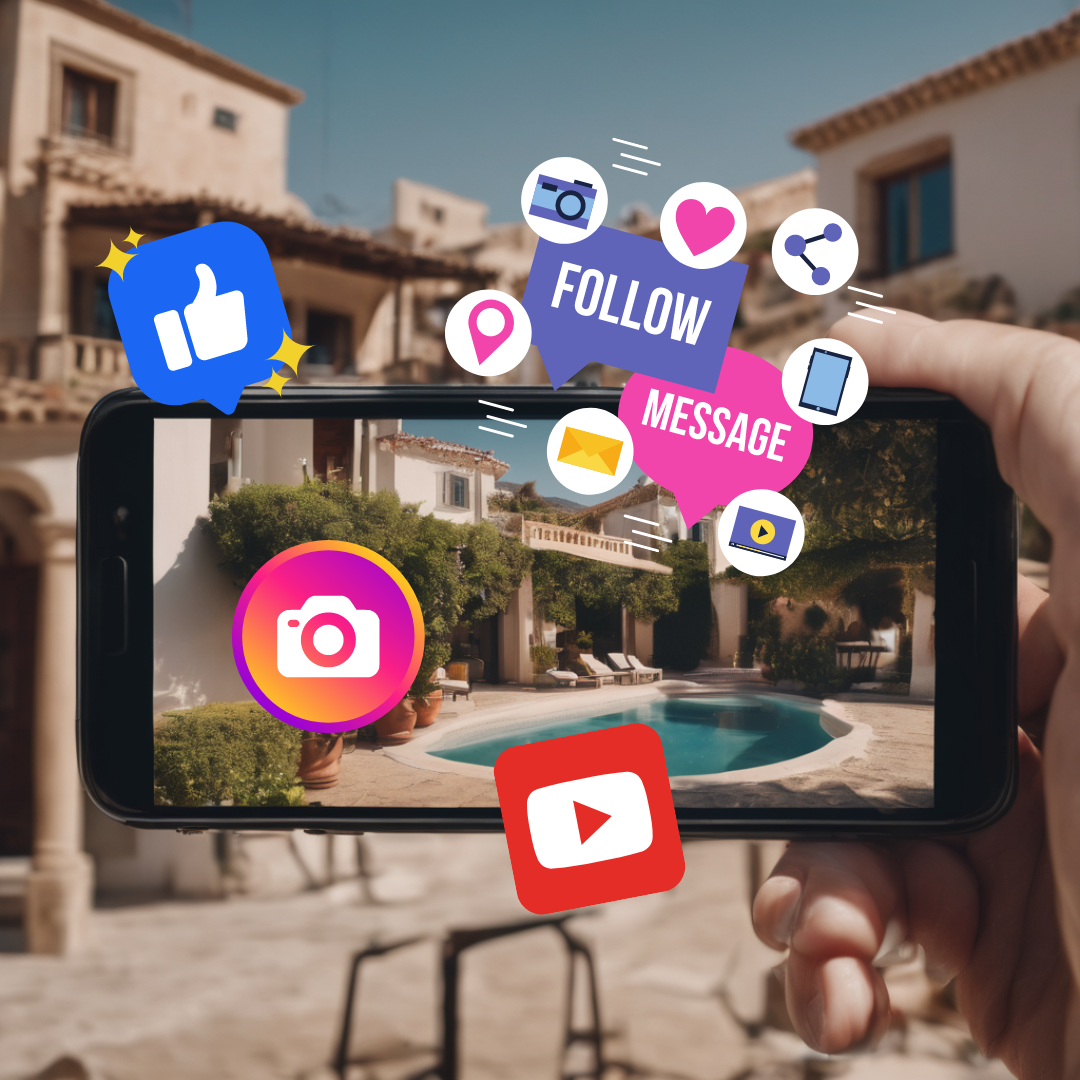 a person is holding a cell phone with a picture of a house and a pool on the screen with social media icons