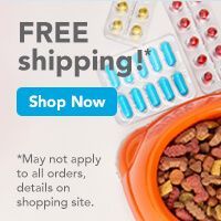 Pet food and medicine with a button saying free shipping, shop now