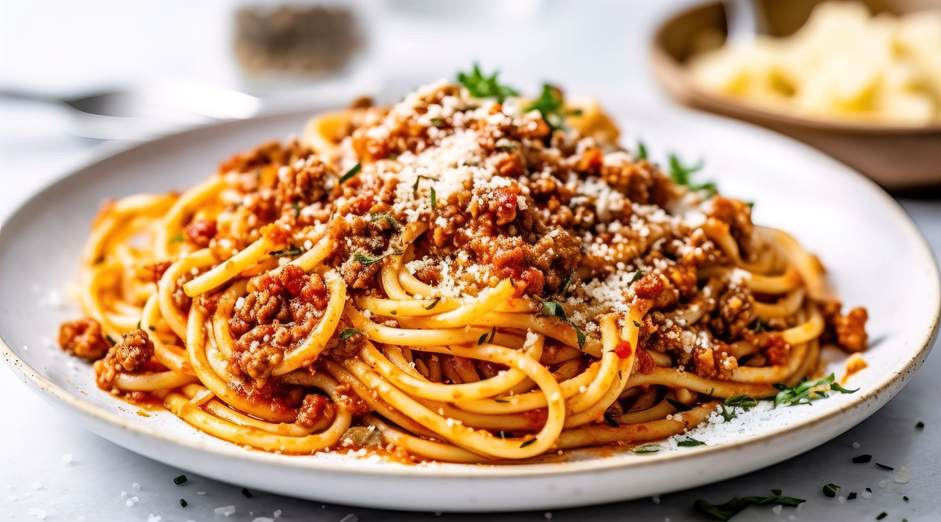 A white plate topped with spaghetti and meat sauce.