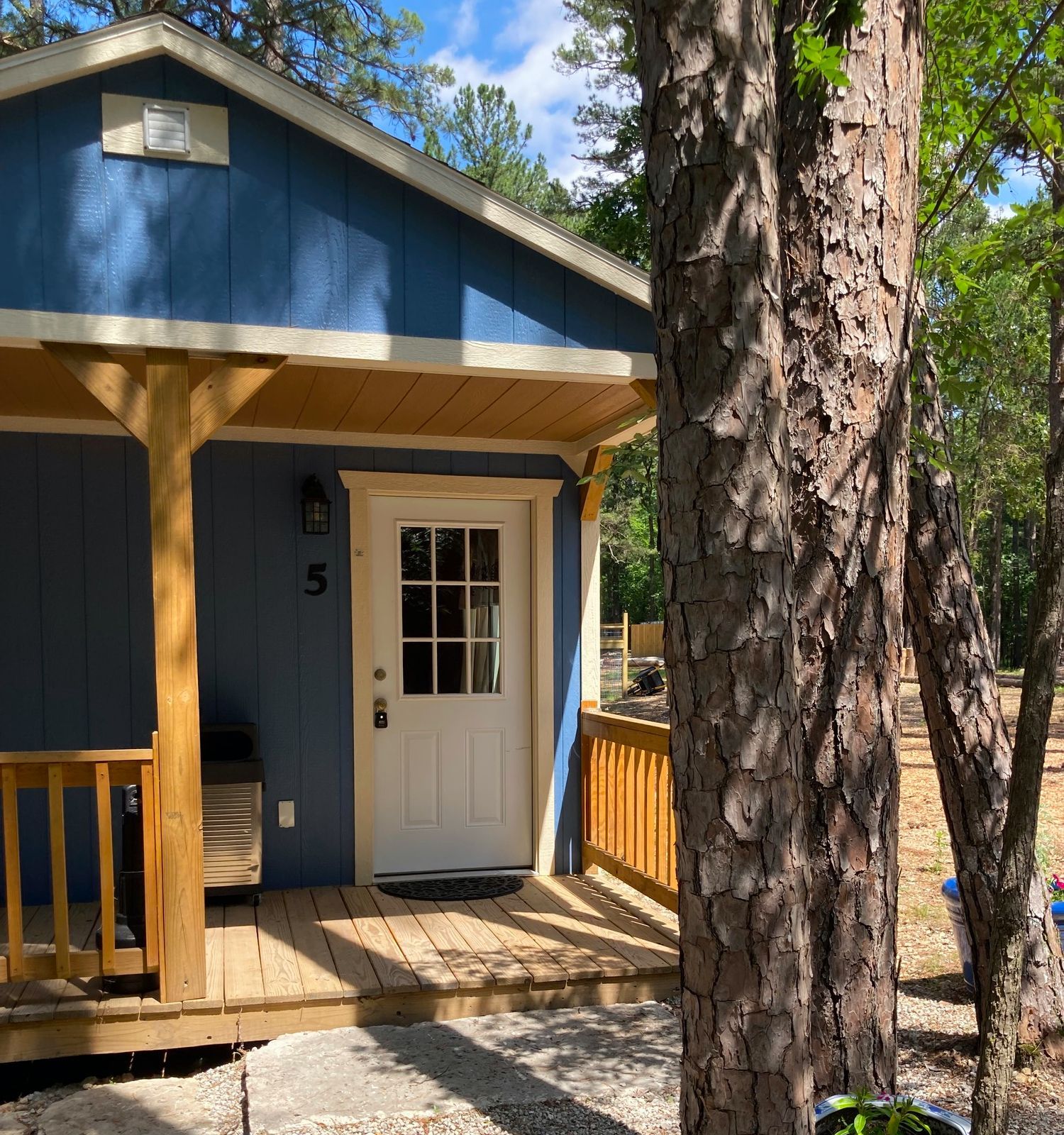 A blue house with a porch and a tree in front of it